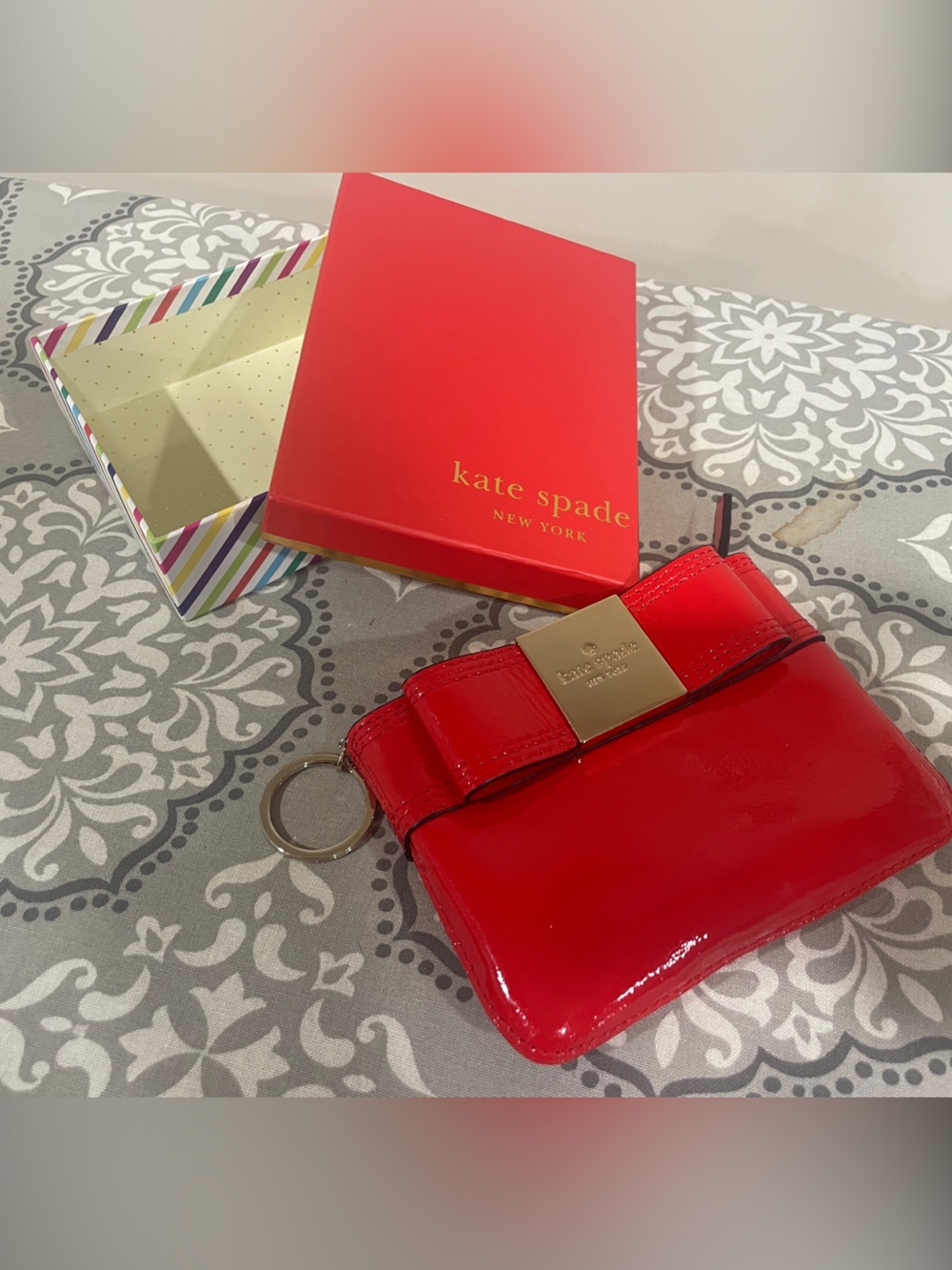 Kate Spade Red Patent Leather Bow Wallet with Gold Logo Plate